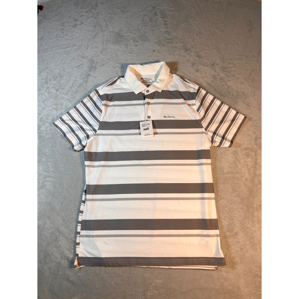 Ben Sherman Striped White Grey 3 Button Tech Jersey Golf Sport Men's L